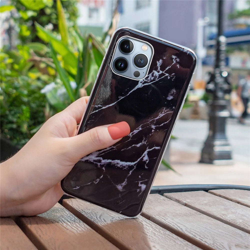 Protective Phone Case for iPhone 13 Pro Max 6.7 inch, Marble Pattern IMD Flexible TPU Back Cover - Black - 4