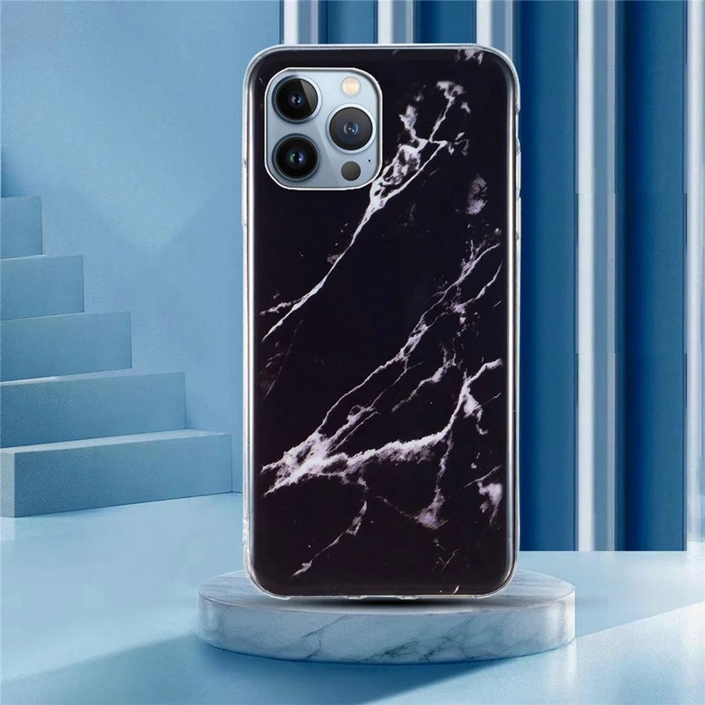 Protective Phone Case for iPhone 13 Pro Max 6.7 inch, Marble Pattern IMD Flexible TPU Back Cover - Black - 5