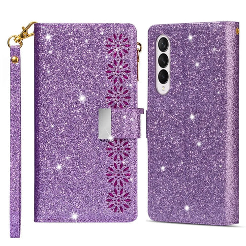 For Samsung Galaxy Z Fold4 5G Style Bling Star Laser Workmanship Phone Cover Bag Zipper Wallet Stand Anti-wear Leather Phone Case with Strap - Purple - 1