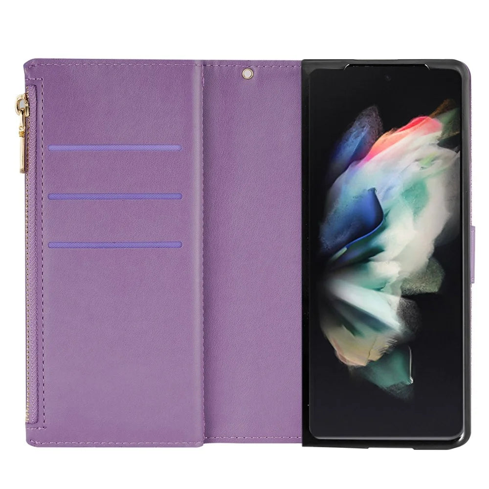 For Samsung Galaxy Z Fold4 5G Style Bling Star Laser Workmanship Phone Cover Bag Zipper Wallet Stand Anti-wear Leather Phone Case with Strap - Purple - 2