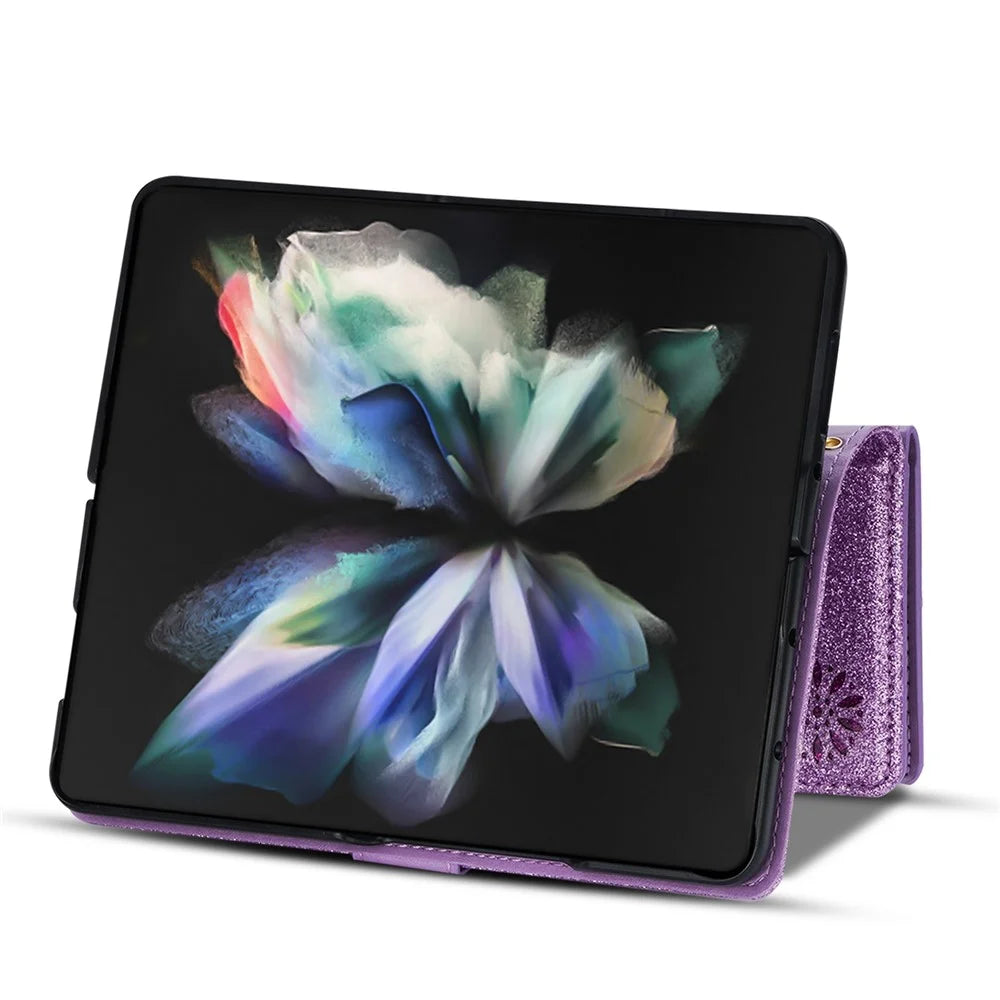 For Samsung Galaxy Z Fold4 5G Style Bling Star Laser Workmanship Phone Cover Bag Zipper Wallet Stand Anti-wear Leather Phone Case with Strap - Purple - 3