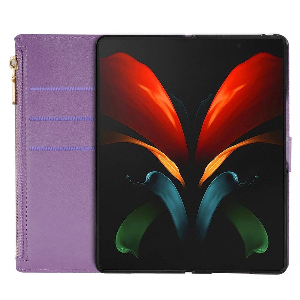 For Samsung Galaxy Z Fold4 5G Style Bling Star Laser Workmanship Phone Cover Bag Zipper Wallet Stand Anti-wear Leather Phone Case with Strap - Purple - 4