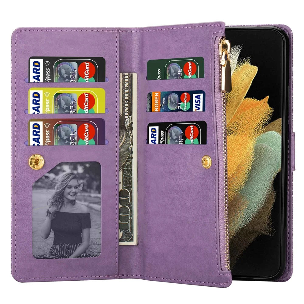For Samsung Galaxy Z Fold4 5G Style Bling Star Laser Workmanship Phone Cover Bag Zipper Wallet Stand Anti-wear Leather Phone Case with Strap - Purple - 5