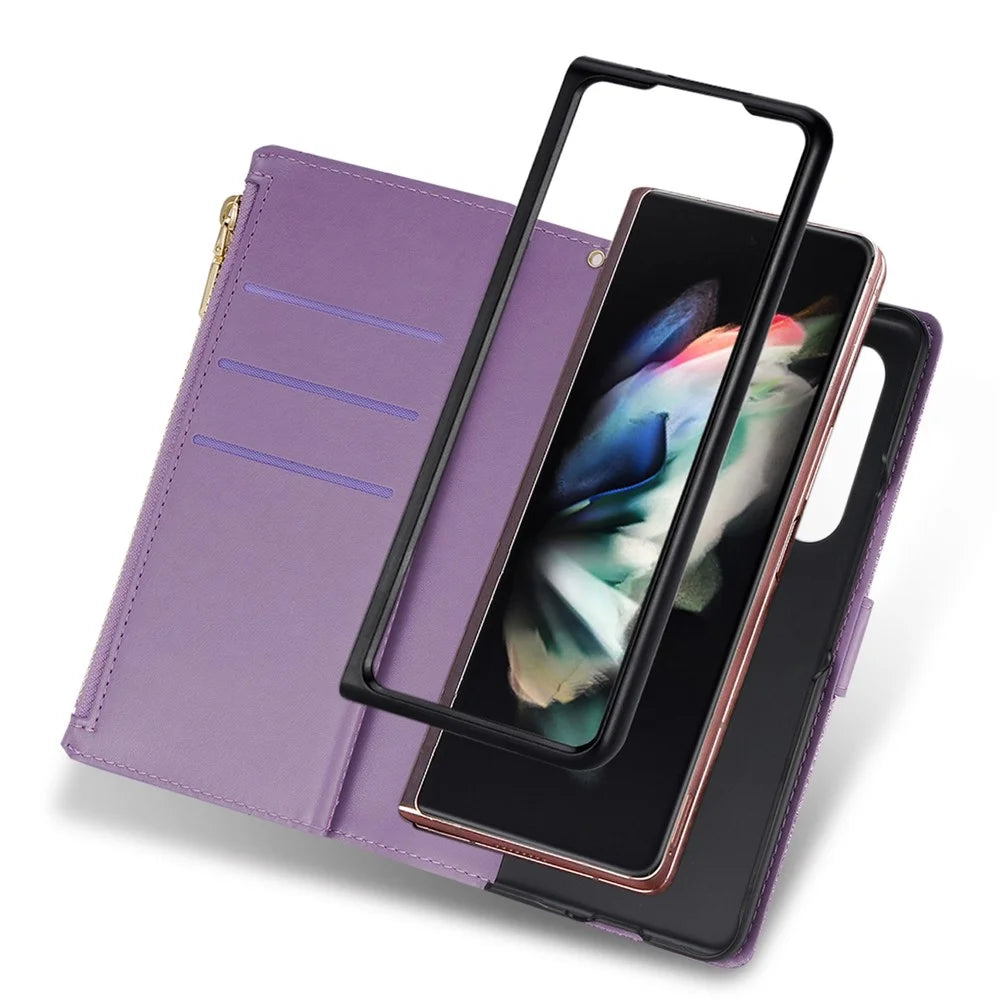 For Samsung Galaxy Z Fold4 5G Style Bling Star Laser Workmanship Phone Cover Bag Zipper Wallet Stand Anti-wear Leather Phone Case with Strap - Purple - 6