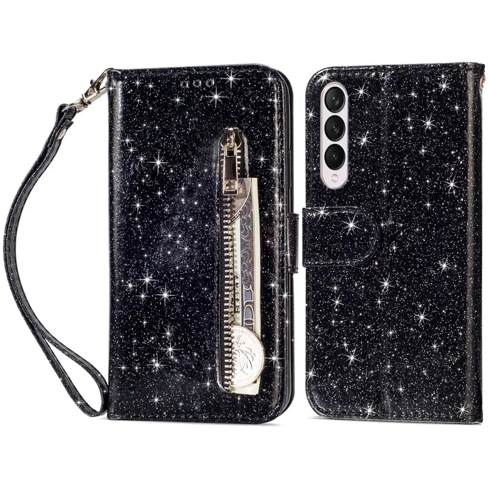 For Samsung Galaxy Z Fold4 5G Zipper Pocket Glittery PU Leather Case Wallet Stand Magnetic Clasp Phone Cover - Black - 1
