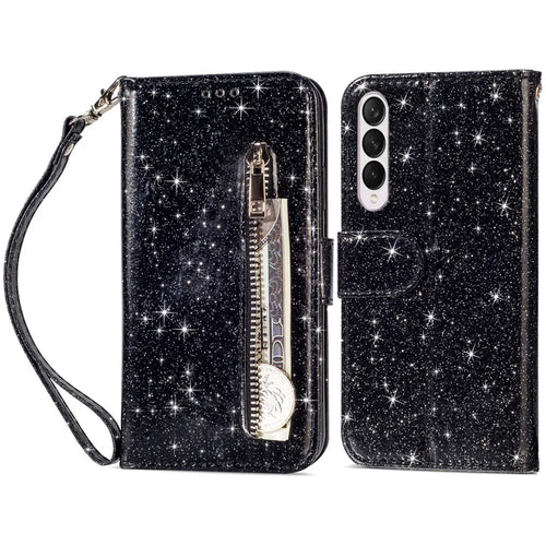 For Samsung Galaxy Z Fold4 5G Zipper Pocket Glittery PU Leather Case Wallet Stand Magnetic Clasp Phone Cover - Black - 1