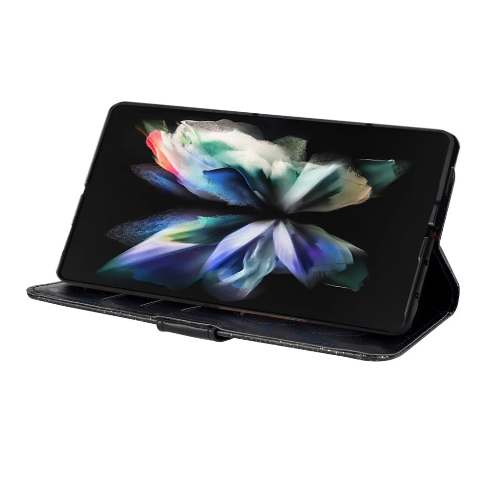 For Samsung Galaxy Z Fold4 5G Zipper Pocket Glittery PU Leather Case Wallet Stand Magnetic Clasp Phone Cover - Black - 3
