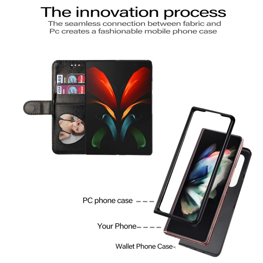 For Samsung Galaxy Z Fold4 5G Zipper Pocket Glittery PU Leather Case Wallet Stand Magnetic Clasp Phone Cover - Black - 5