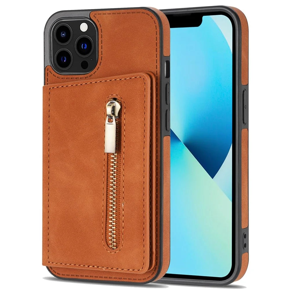 Anti-drop Phone Wallet Case for iPhone 14 Pro Max 6.7 inch, PU Leather Coated TPU Back Cover with Zipper Pocket Card Holder Kickstand - Brown - 1