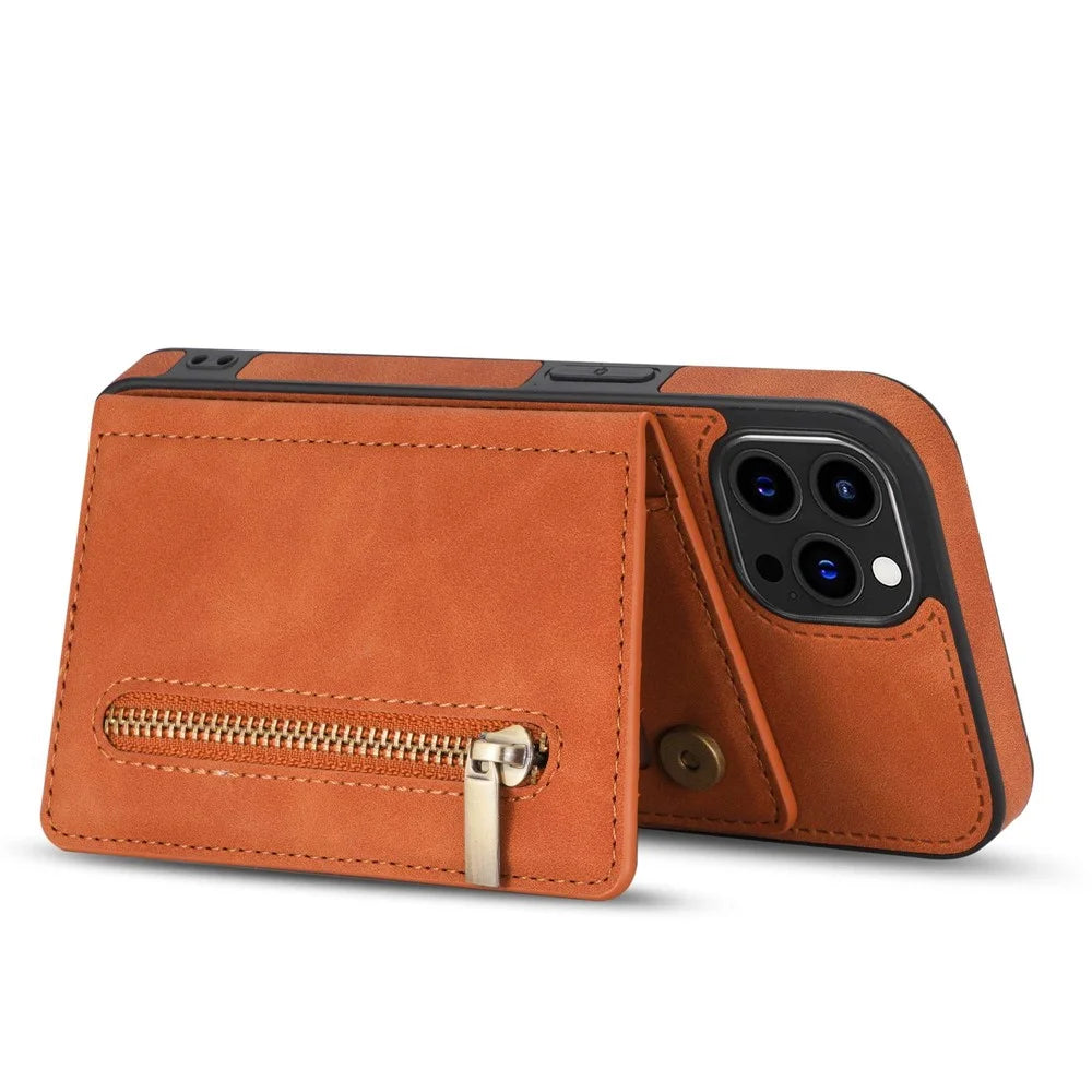 Anti-drop Phone Wallet Case for iPhone 14 Pro Max 6.7 inch, PU Leather Coated TPU Back Cover with Zipper Pocket Card Holder Kickstand - Brown - 3