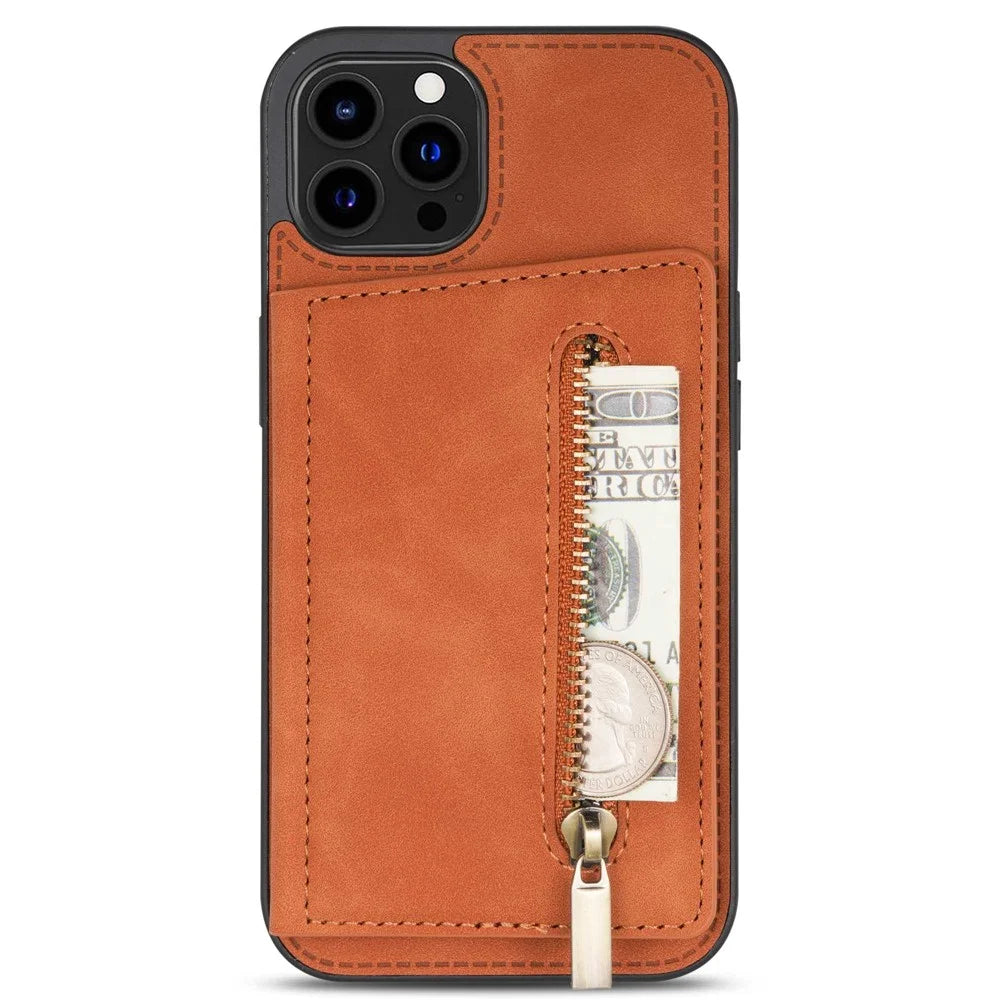 Anti-drop Phone Wallet Case for iPhone 14 Pro Max 6.7 inch, PU Leather Coated TPU Back Cover with Zipper Pocket Card Holder Kickstand - Brown - 4