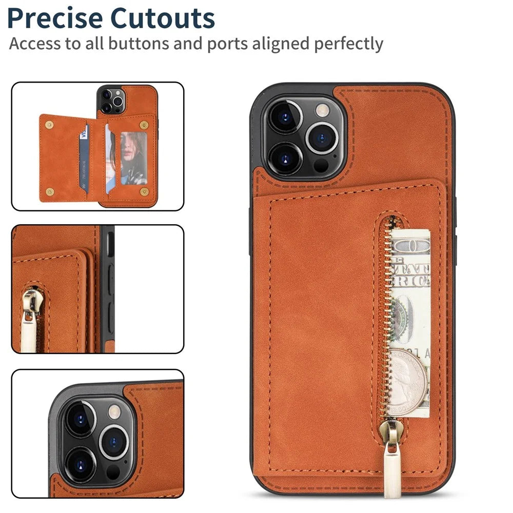 Anti-drop Phone Wallet Case for iPhone 14 Pro Max 6.7 inch, PU Leather Coated TPU Back Cover with Zipper Pocket Card Holder Kickstand - Brown - 6