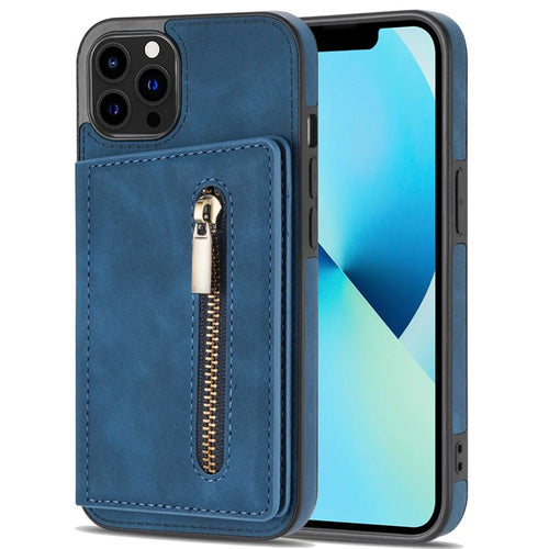 For iPhone 14 Pro 6.1 inch Shockproof Zipper Pocket Phone Wallet Case PU Leather Coated TPU Mobile Phone Cover Card Holder Kickstand - Blue - 1