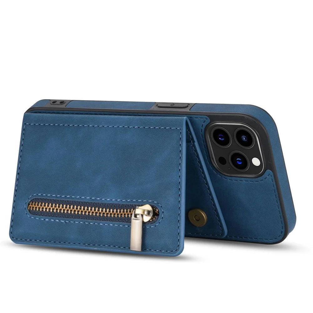 For iPhone 14 Pro 6.1 inch Shockproof Zipper Pocket Phone Wallet Case PU Leather Coated TPU Mobile Phone Cover Card Holder Kickstand - Blue - 3