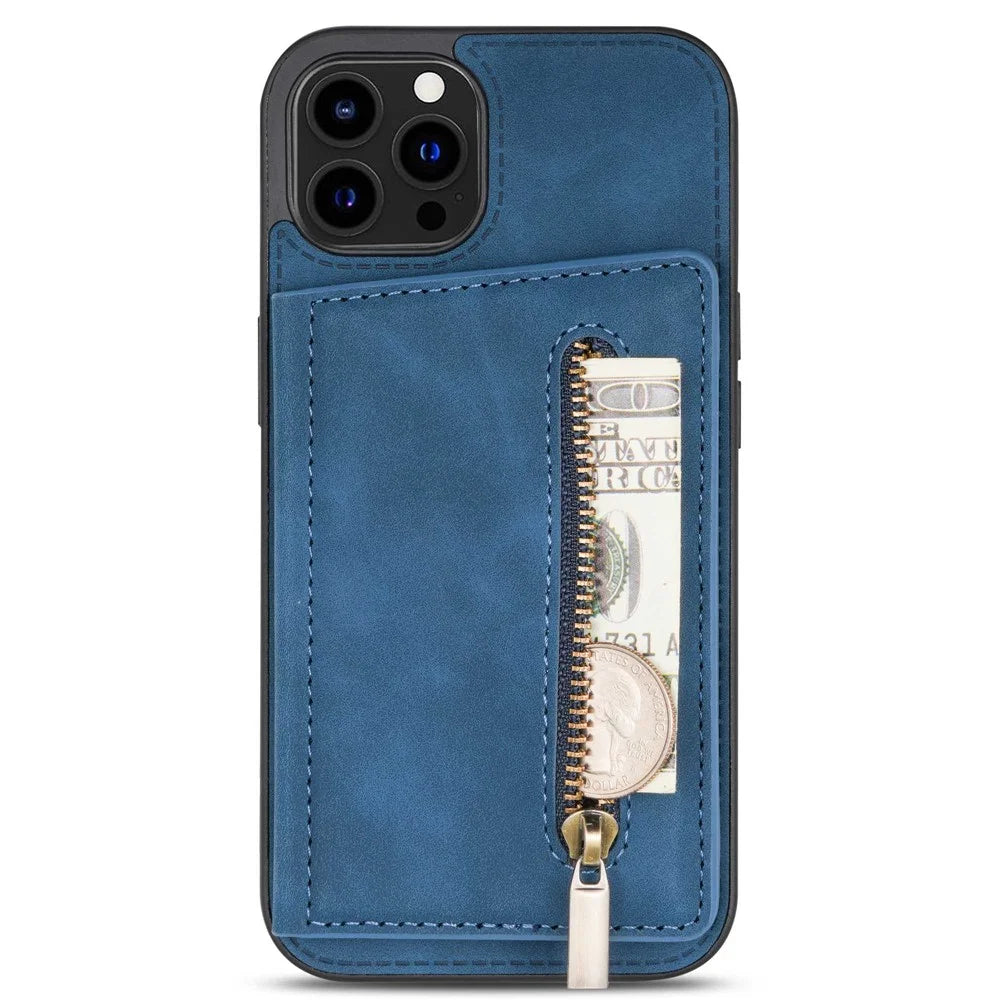 For iPhone 14 Pro 6.1 inch Shockproof Zipper Pocket Phone Wallet Case PU Leather Coated TPU Mobile Phone Cover Card Holder Kickstand - Blue - 4