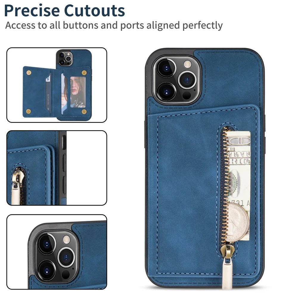 For iPhone 14 Pro 6.1 inch Shockproof Zipper Pocket Phone Wallet Case PU Leather Coated TPU Mobile Phone Cover Card Holder Kickstand - Blue - 6