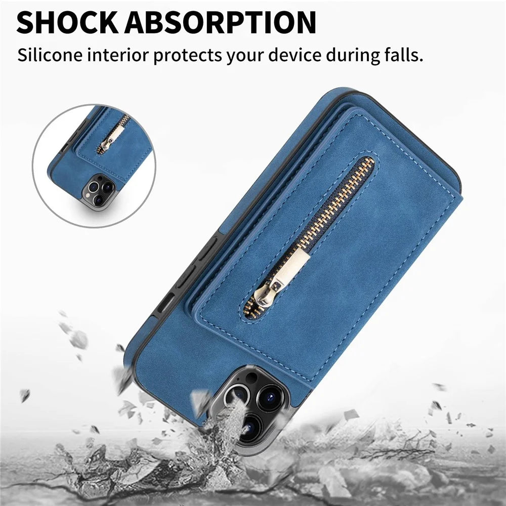 For iPhone 14 Pro 6.1 inch Shockproof Zipper Pocket Phone Wallet Case PU Leather Coated TPU Mobile Phone Cover Card Holder Kickstand - Blue - 7