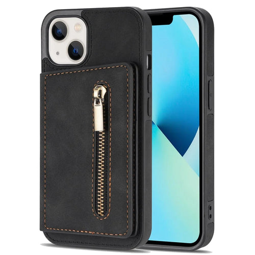 For iPhone 14 6.1 inch PU Leather Coated TPU Phone Case Kickstand Anti-scratch Back Cover with Zipper Pocket Card Holder - Black - 1
