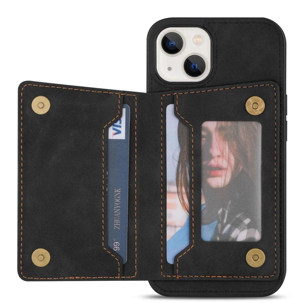 For iPhone 14 6.1 inch PU Leather Coated TPU Phone Case Kickstand Anti-scratch Back Cover with Zipper Pocket Card Holder - Black - 2