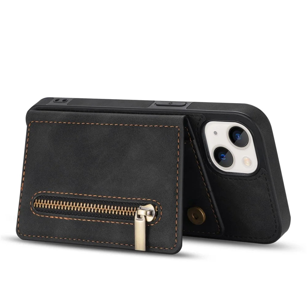 For iPhone 14 6.1 inch PU Leather Coated TPU Phone Case Kickstand Anti-scratch Back Cover with Zipper Pocket Card Holder - Black - 3