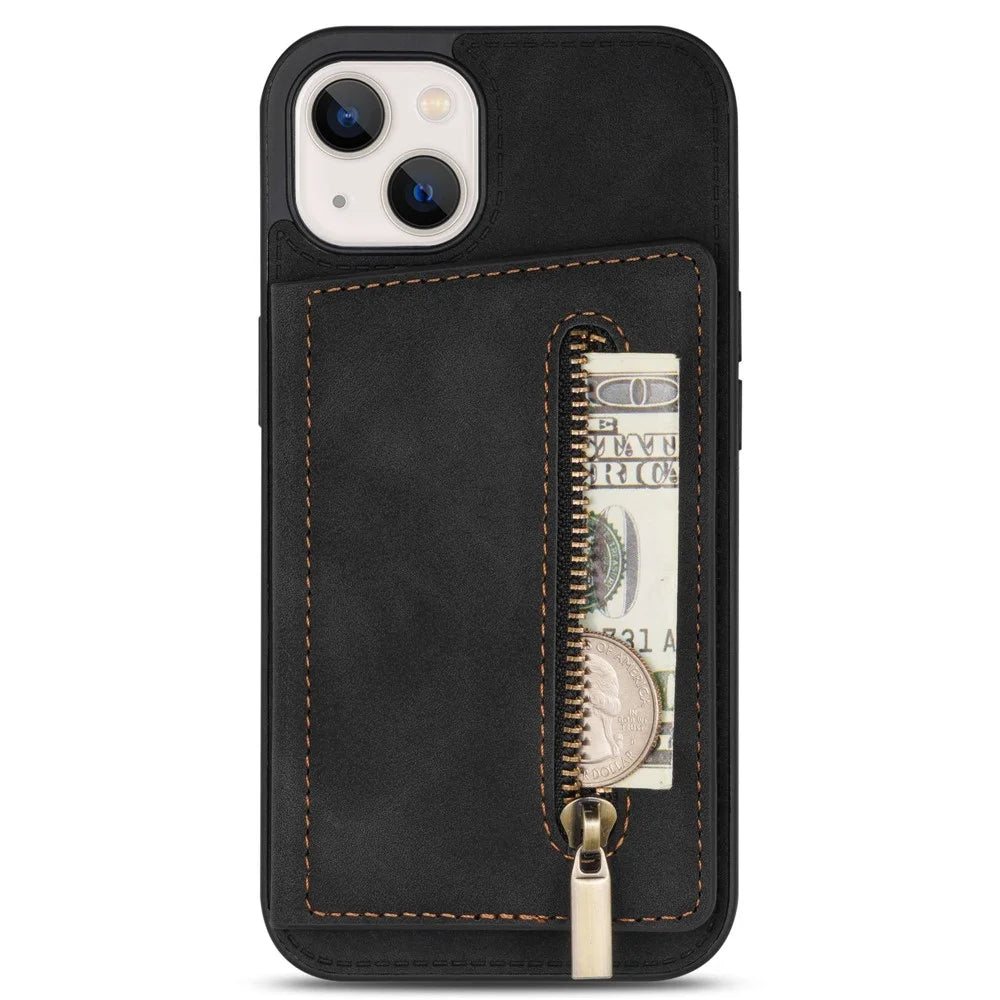 For iPhone 14 6.1 inch PU Leather Coated TPU Phone Case Kickstand Anti-scratch Back Cover with Zipper Pocket Card Holder - Black - 4
