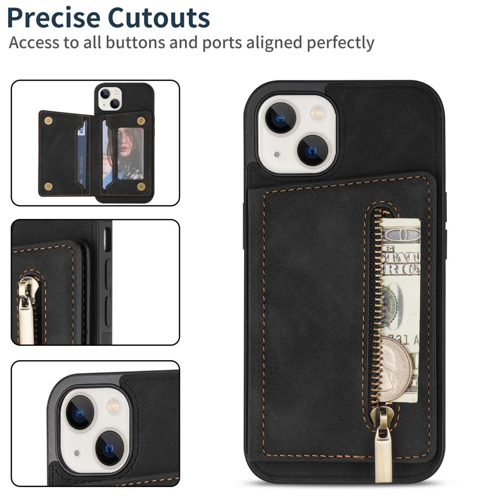 For iPhone 14 6.1 inch PU Leather Coated TPU Phone Case Kickstand Anti-scratch Back Cover with Zipper Pocket Card Holder - Black - 6