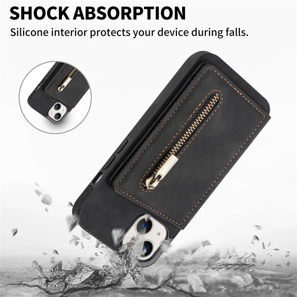 For iPhone 14 6.1 inch PU Leather Coated TPU Phone Case Kickstand Anti-scratch Back Cover with Zipper Pocket Card Holder - Black - 7