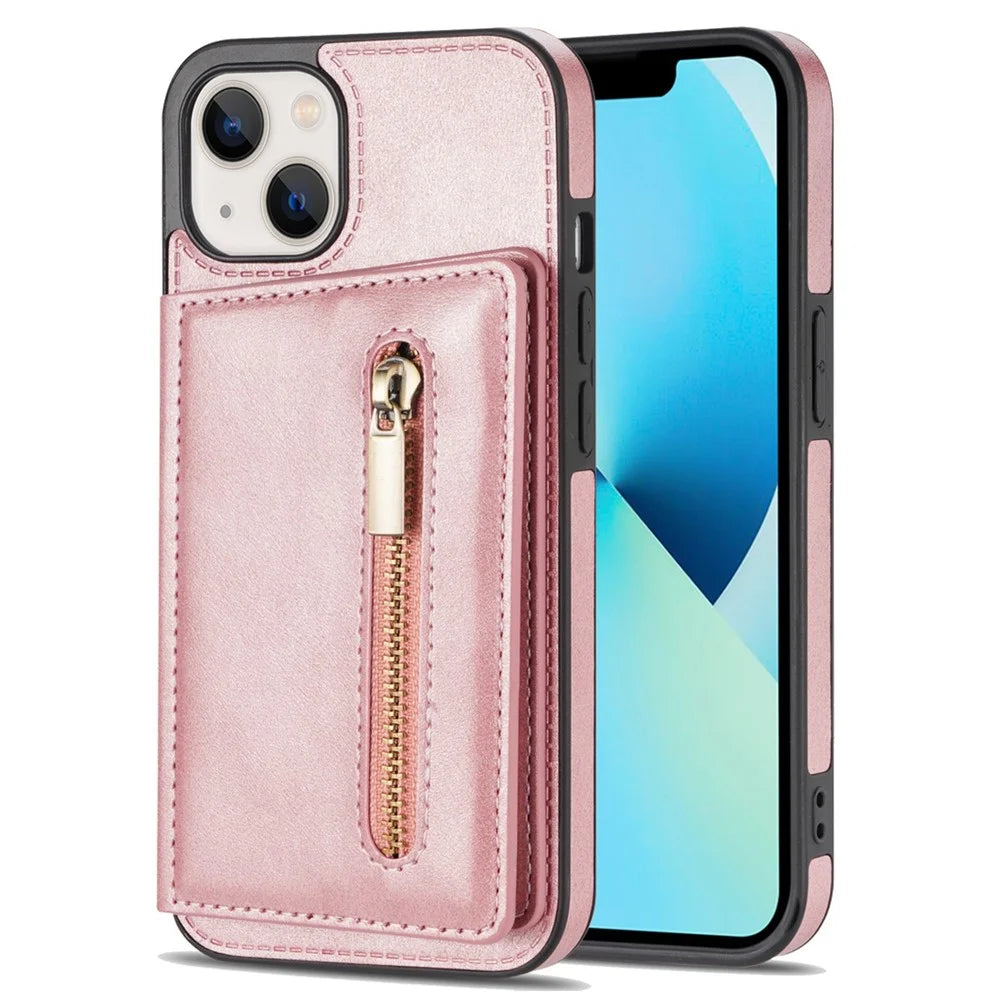 For iPhone 14 Plus 6.7 inch Well Protection Zipper Pocket Phone Wallet Case PU Leather Coated TPU Mobile Phone Cover Card Holder Kickstand - Rose Gold - 1