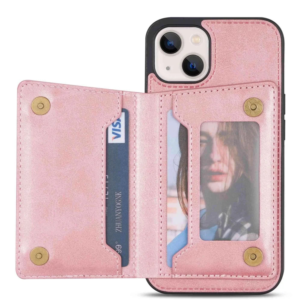 For iPhone 14 Plus 6.7 inch Well Protection Zipper Pocket Phone Wallet Case PU Leather Coated TPU Mobile Phone Cover Card Holder Kickstand - Rose Gold - 2