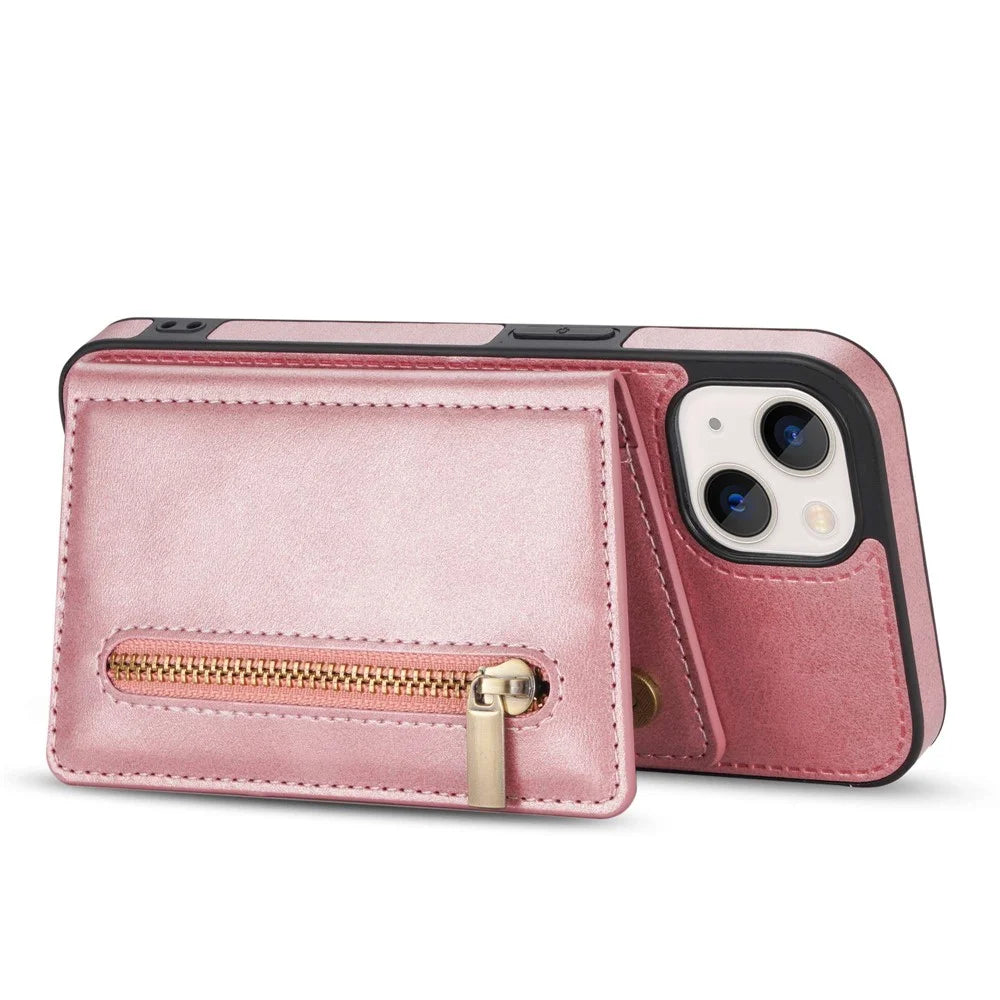 For iPhone 14 Plus 6.7 inch Well Protection Zipper Pocket Phone Wallet Case PU Leather Coated TPU Mobile Phone Cover Card Holder Kickstand - Rose Gold - 3