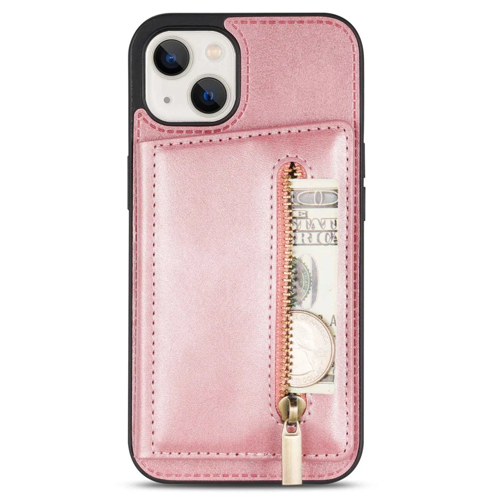For iPhone 14 Plus 6.7 inch Well Protection Zipper Pocket Phone Wallet Case PU Leather Coated TPU Mobile Phone Cover Card Holder Kickstand - Rose Gold - 4