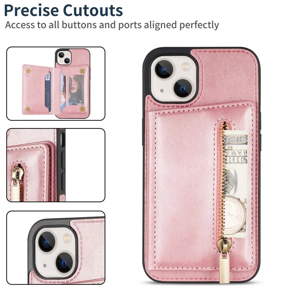 For iPhone 14 Plus 6.7 inch Well Protection Zipper Pocket Phone Wallet Case PU Leather Coated TPU Mobile Phone Cover Card Holder Kickstand - Rose Gold - 6