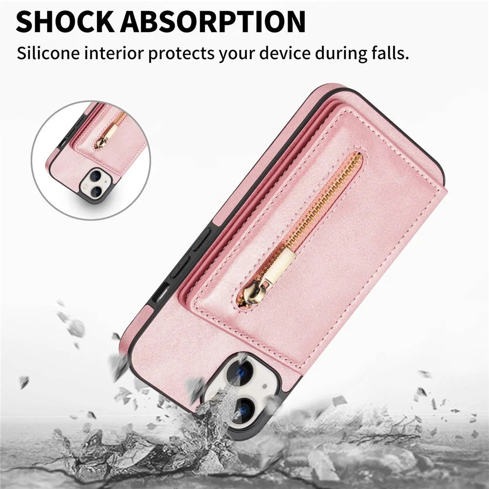 For iPhone 14 Plus 6.7 inch Well Protection Zipper Pocket Phone Wallet Case PU Leather Coated TPU Mobile Phone Cover Card Holder Kickstand - Rose Gold - 7