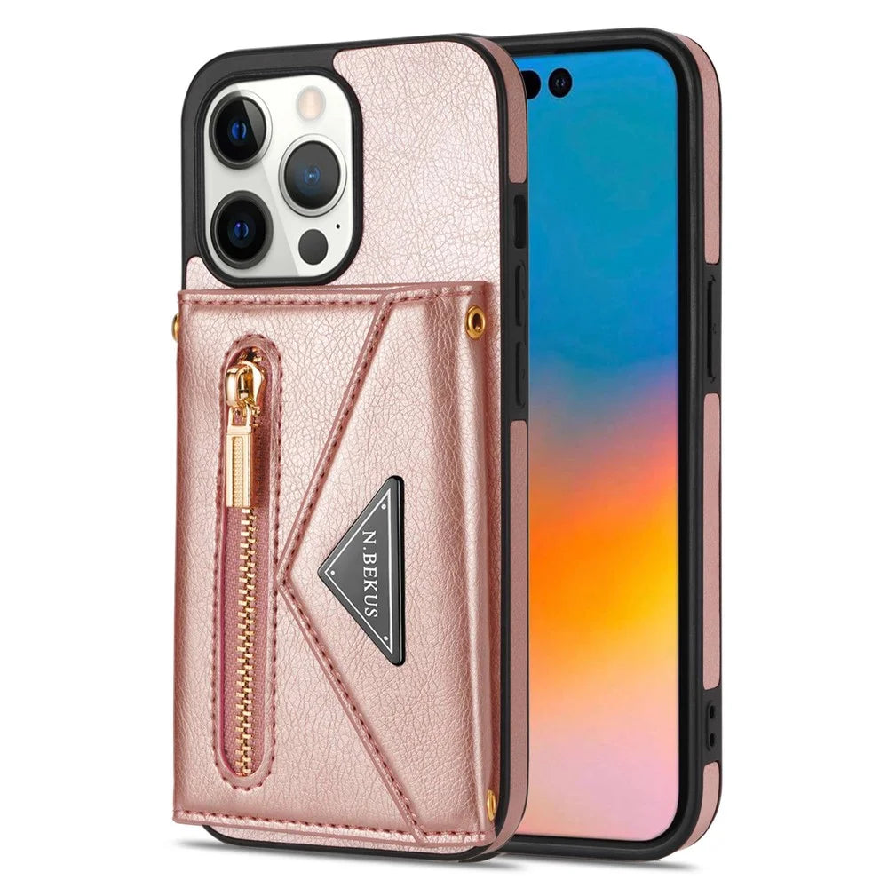 N.BEKUS Phone Wallet Case for iPhone 14 Pro Max 6.7 inch, Anti-fall PU Leather Coated TPU Back Cover Card Holder Scratch-resistant Shell Kickstand with Strap - Pink - 1