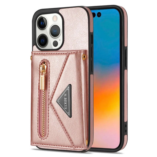 N.BEKUS Phone Wallet Case for iPhone 14 Pro Max 6.7 inch, Anti-fall PU Leather Coated TPU Back Cover Card Holder Scratch-resistant Shell Kickstand with Strap - Pink - 1