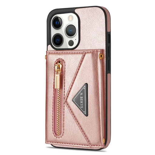 N.BEKUS Phone Wallet Case for iPhone 14 Pro Max 6.7 inch, Anti-fall PU Leather Coated TPU Back Cover Card Holder Scratch-resistant Shell Kickstand with Strap - Pink - 2