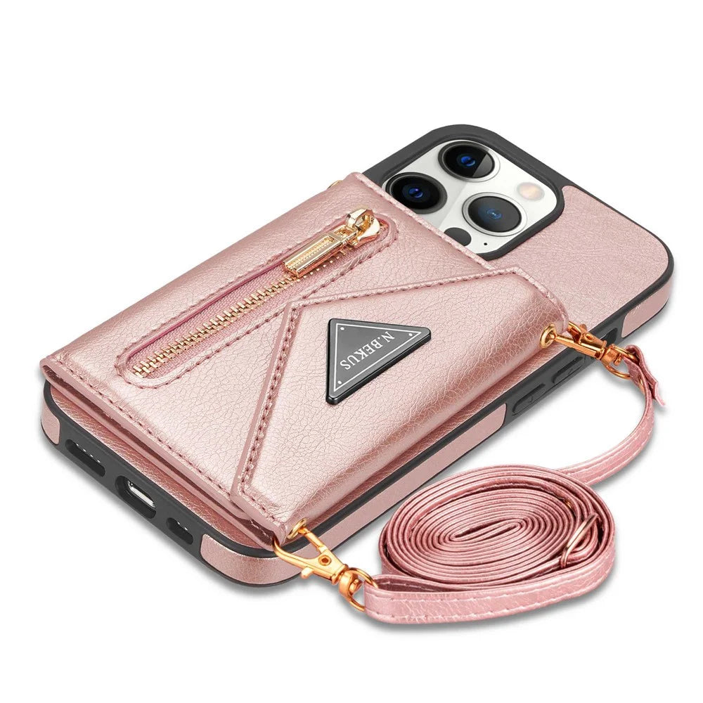 N.BEKUS Phone Wallet Case for iPhone 14 Pro Max 6.7 inch, Anti-fall PU Leather Coated TPU Back Cover Card Holder Scratch-resistant Shell Kickstand with Strap - Pink - 6