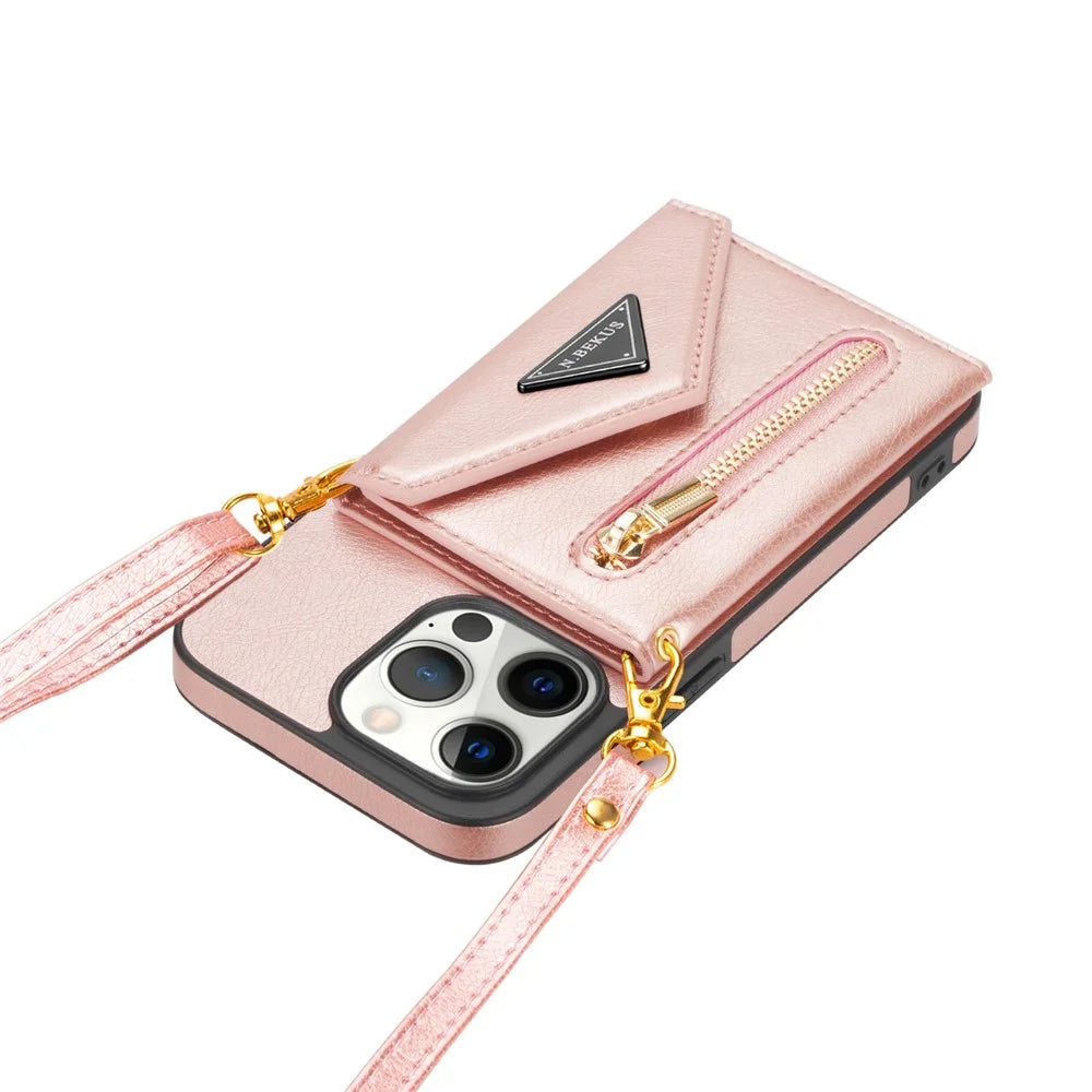 N.BEKUS Phone Wallet Case for iPhone 14 Pro Max 6.7 inch, Anti-fall PU Leather Coated TPU Back Cover Card Holder Scratch-resistant Shell Kickstand with Strap - Pink - 7