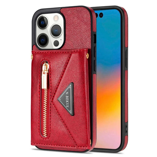 N.BEKUS Phone Case for iPhone 14 Pro 6.1 inch, Wear-resistant PU Leather Coated TPU Back Cover Card Holder Kickstand with Strap - Red - 1