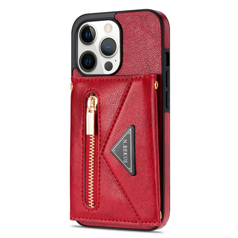 N.BEKUS Phone Case for iPhone 14 Pro 6.1 inch, Wear-resistant PU Leather Coated TPU Back Cover Card Holder Kickstand with Strap - Red - 2