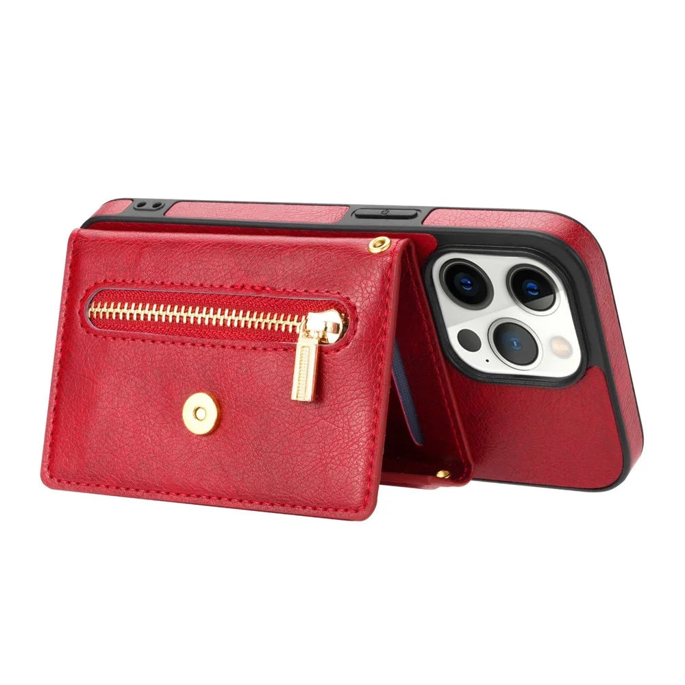 N.BEKUS Phone Case for iPhone 14 Pro 6.1 inch, Wear-resistant PU Leather Coated TPU Back Cover Card Holder Kickstand with Strap - Red - 4