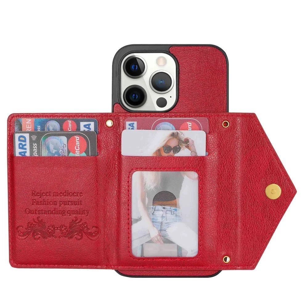 N.BEKUS Phone Case for iPhone 14 Pro 6.1 inch, Wear-resistant PU Leather Coated TPU Back Cover Card Holder Kickstand with Strap - Red - 5