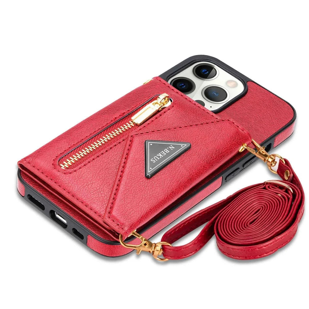 N.BEKUS Phone Case for iPhone 14 Pro 6.1 inch, Wear-resistant PU Leather Coated TPU Back Cover Card Holder Kickstand with Strap - Red - 6