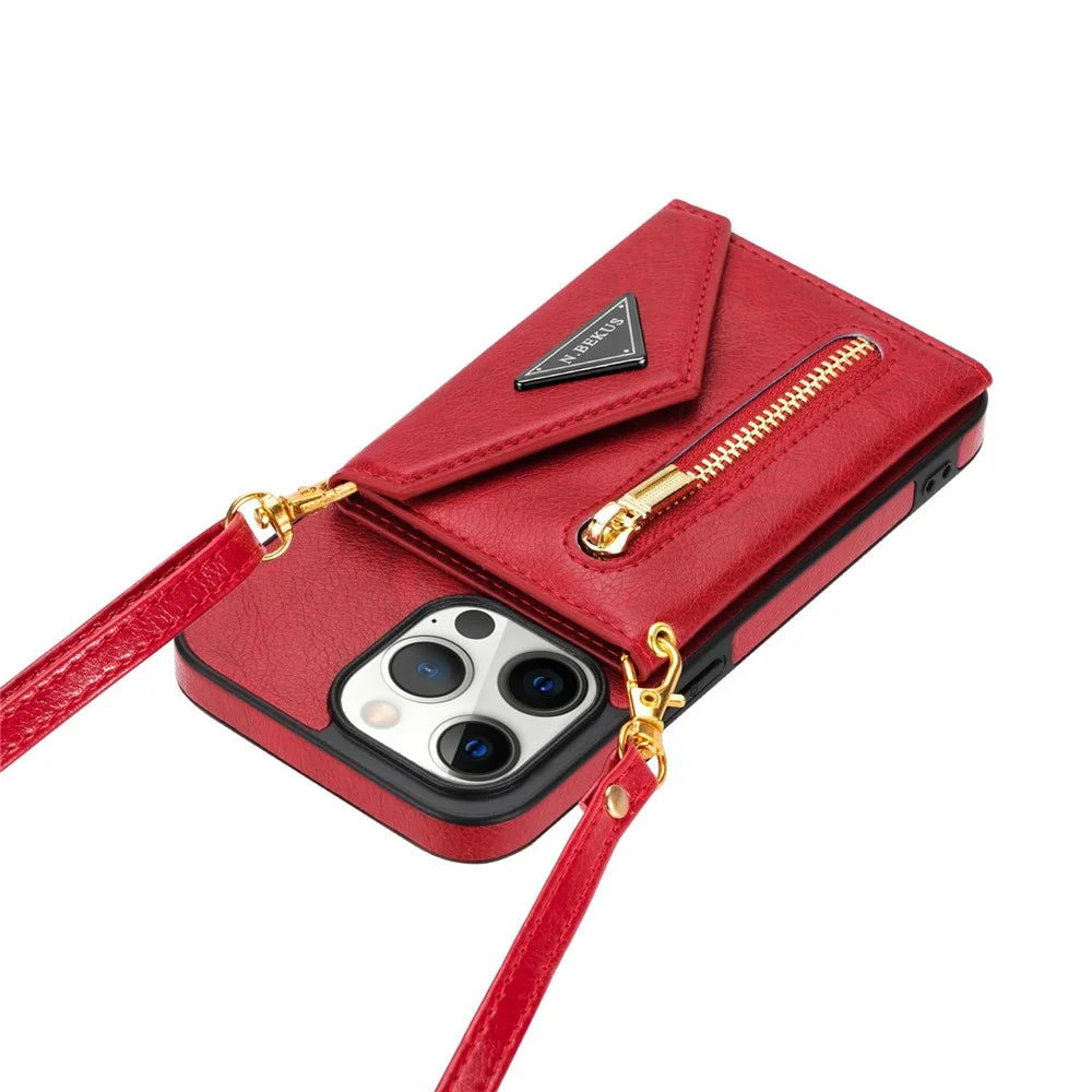 N.BEKUS Phone Case for iPhone 14 Pro 6.1 inch, Wear-resistant PU Leather Coated TPU Back Cover Card Holder Kickstand with Strap - Red - 7
