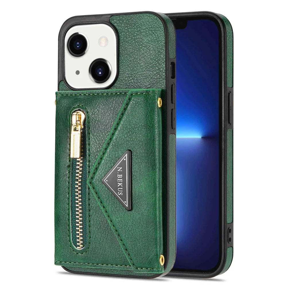 N.BEKUS Anti-scratch Phone Case for iPhone 14 Plus 6.7 inch, PU Leather Coated TPU Back Cover Card Holder Kickstand with Strap - Green - 1