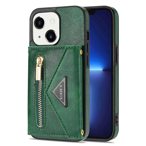 N.BEKUS Anti-scratch Phone Case for iPhone 14 Plus 6.7 inch, PU Leather Coated TPU Back Cover Card Holder Kickstand with Strap - Green - 1