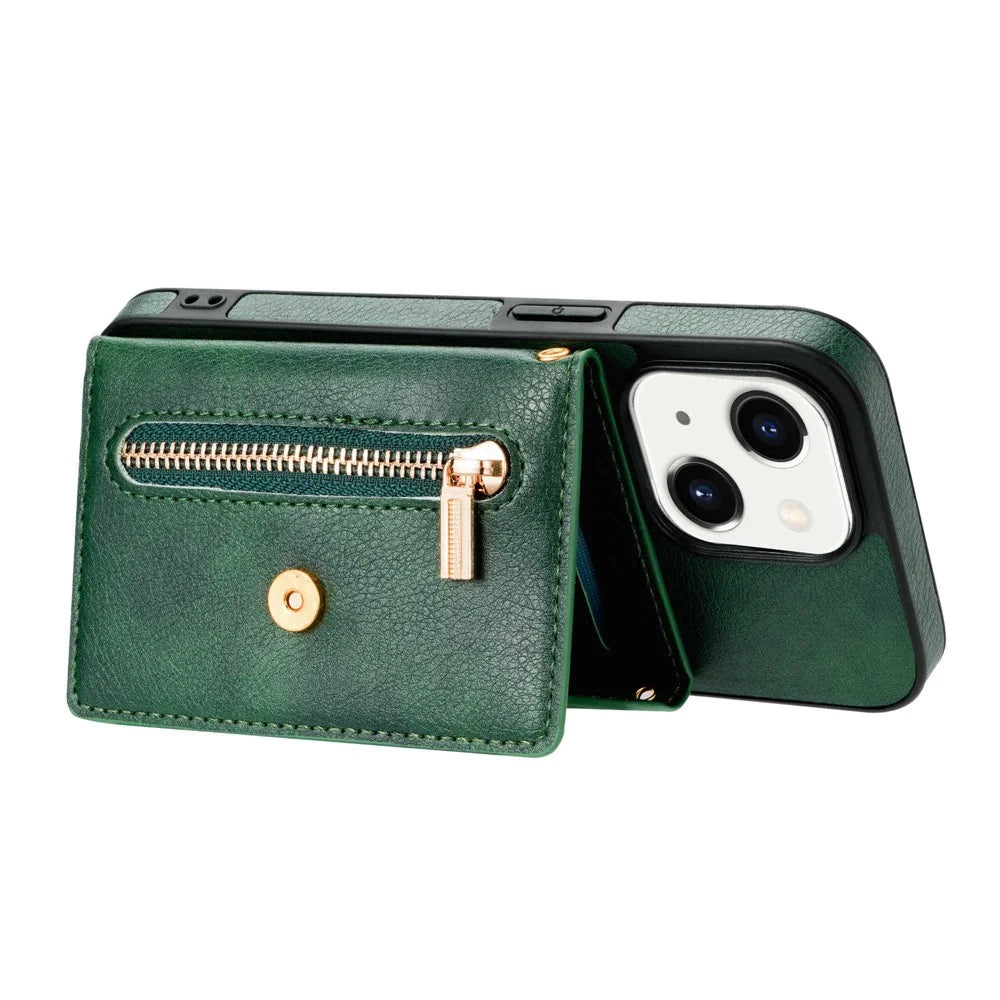 N.BEKUS Anti-scratch Phone Case for iPhone 14 Plus 6.7 inch, PU Leather Coated TPU Back Cover Card Holder Kickstand with Strap - Green - 2