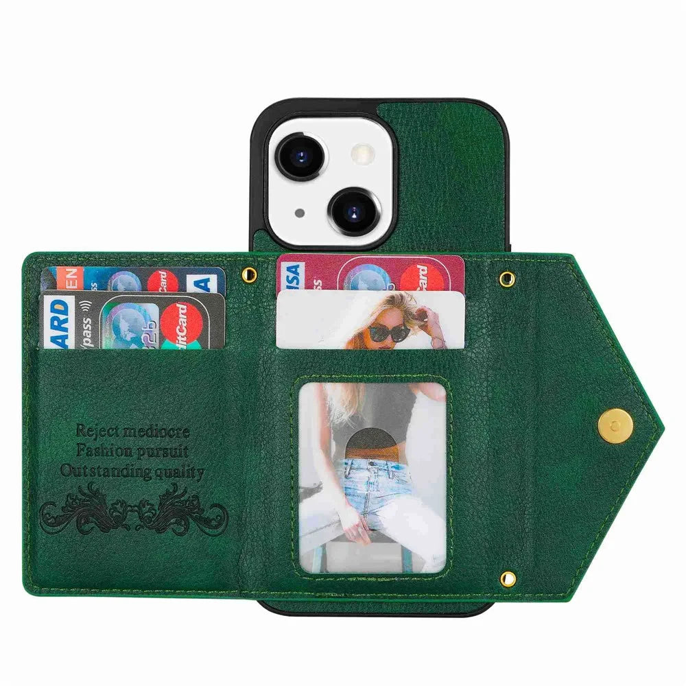N.BEKUS Anti-scratch Phone Case for iPhone 14 Plus 6.7 inch, PU Leather Coated TPU Back Cover Card Holder Kickstand with Strap - Green - 3