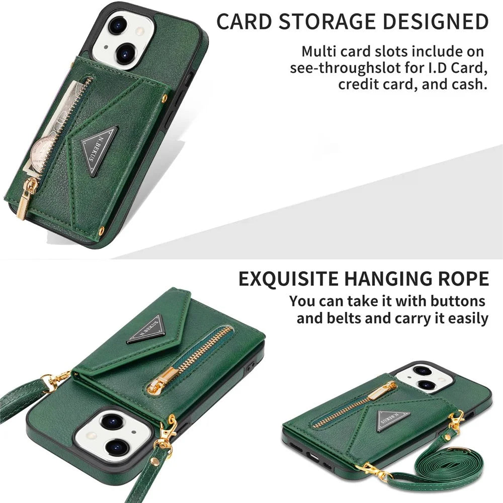N.BEKUS Anti-scratch Phone Case for iPhone 14 Plus 6.7 inch, PU Leather Coated TPU Back Cover Card Holder Kickstand with Strap - Green - 4