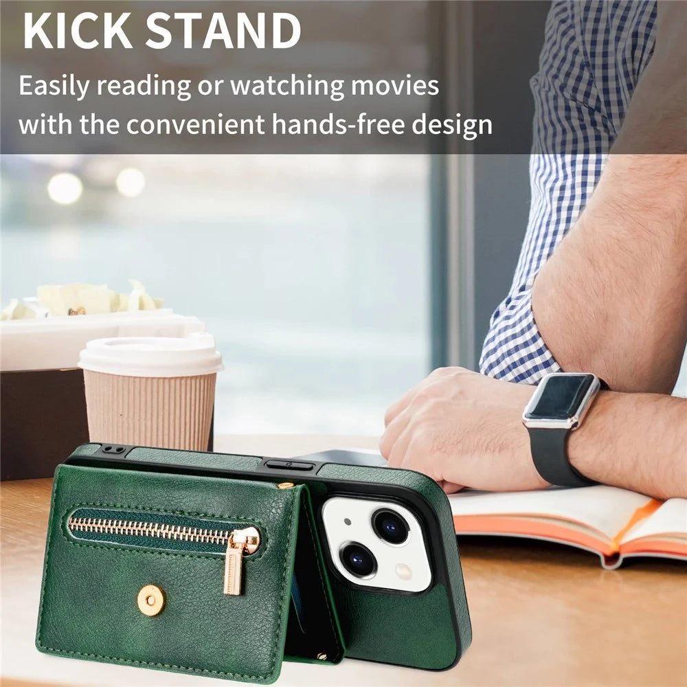 N.BEKUS Anti-scratch Phone Case for iPhone 14 Plus 6.7 inch, PU Leather Coated TPU Back Cover Card Holder Kickstand with Strap - Green - 6